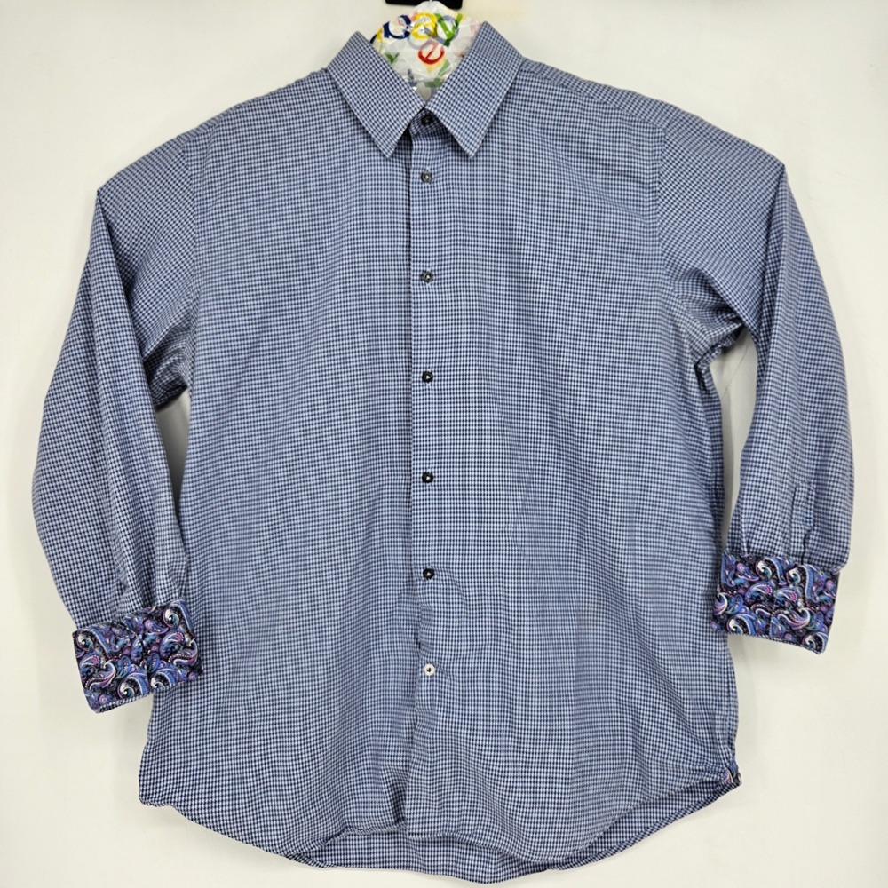 Robert Graham Shirt Mens Large Button Up Flip Cuff Blue Pattern Long Sleeve